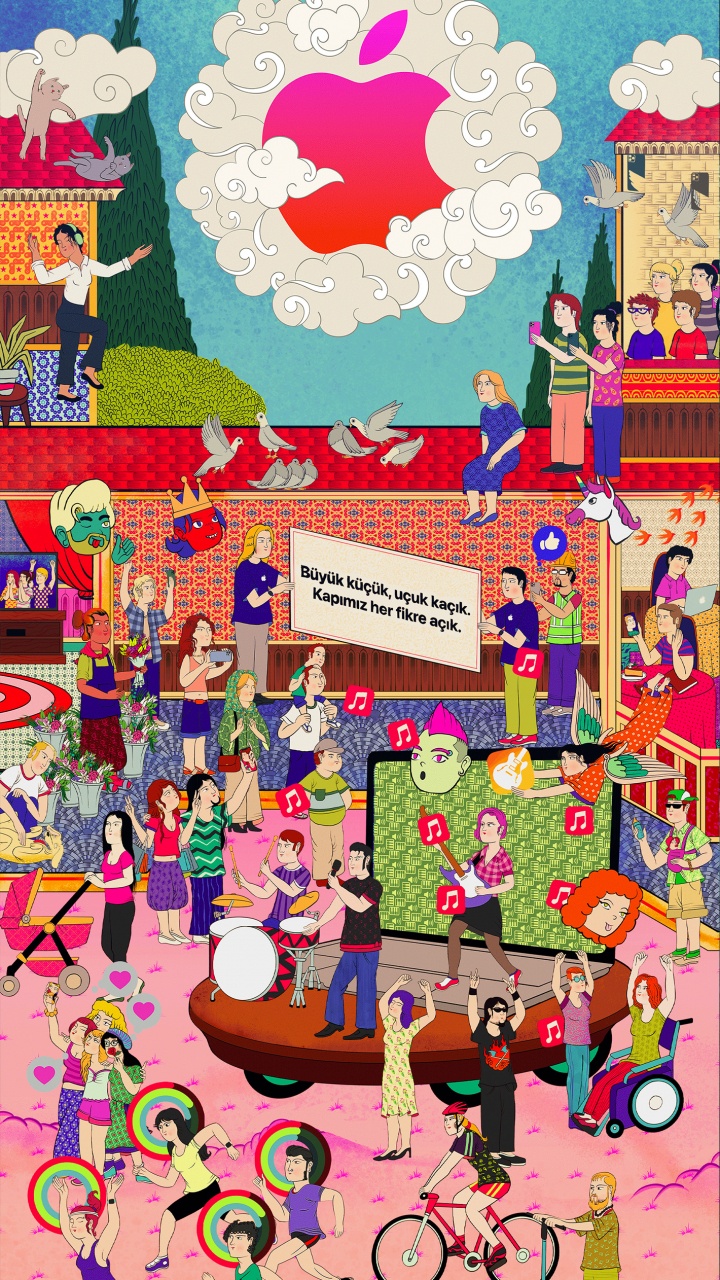 Обои яблочная улица, залитый проспект, яблоко, розовый, арт в разрешении 720x1280