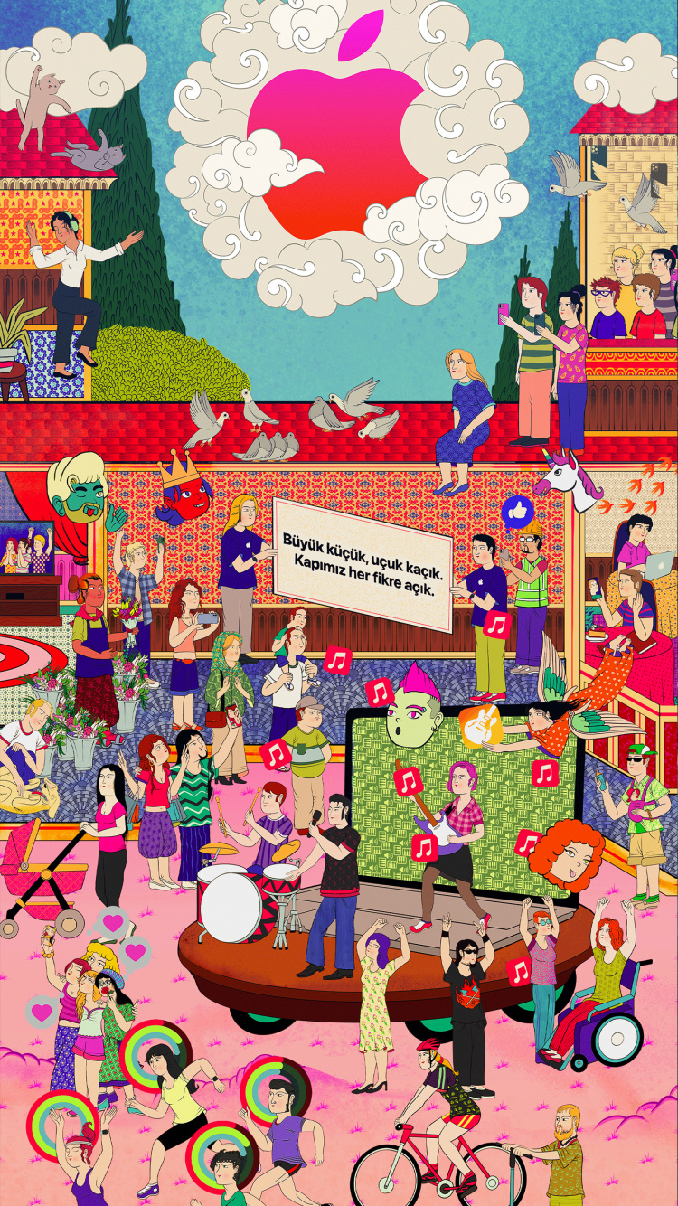 Обои яблочная улица, залитый проспект, яблоко, розовый, арт в разрешении 750x1334