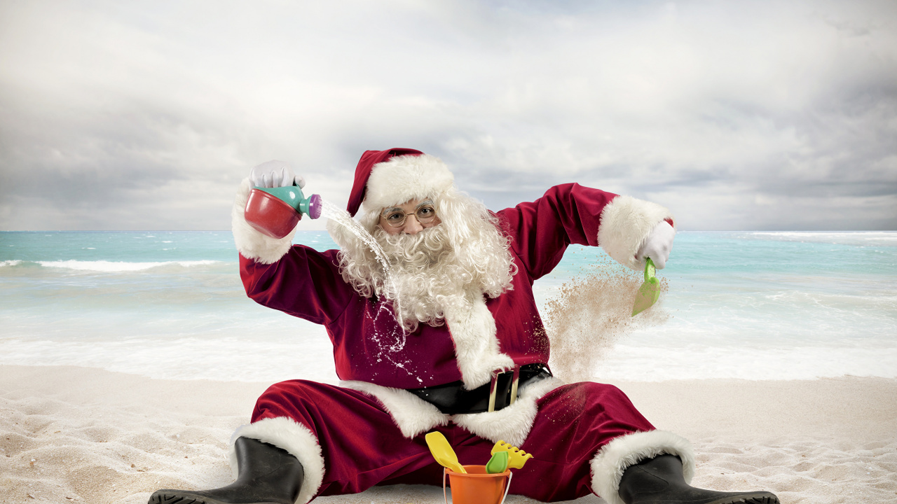 Обои Рождественский день, Санта-Клаус, пляж, забава, Рождество в разрешении 1280x720