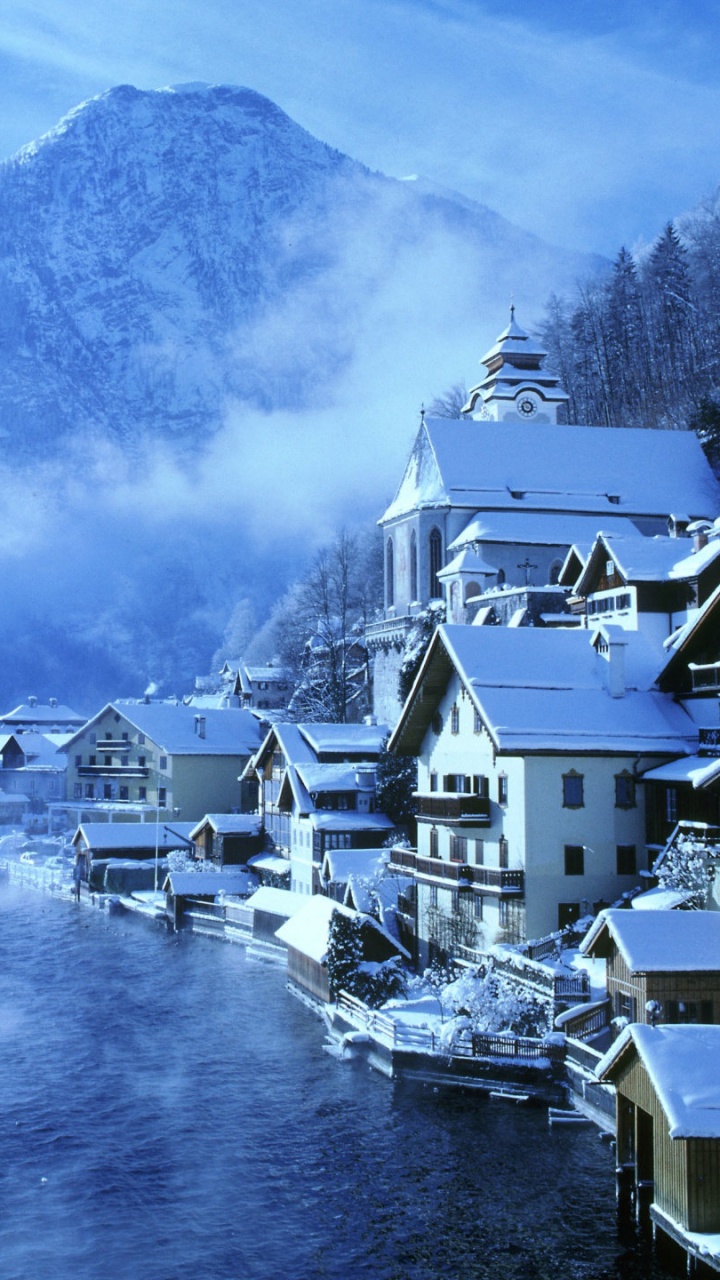 Обои гальштат, гора, снег, зима, природа в разрешении 720x1280