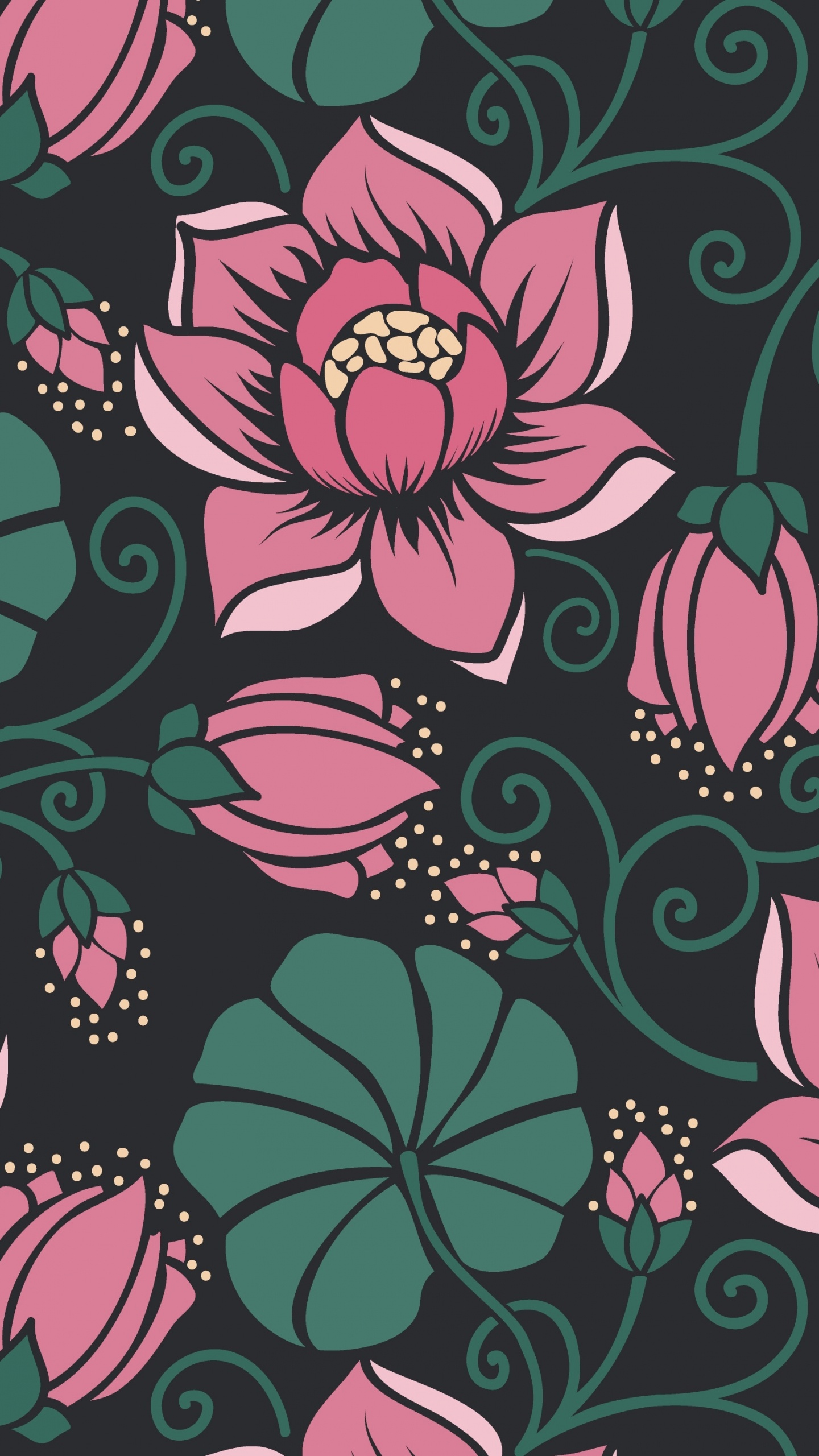 Обои узор, орнамент, цветок, цветочный дизайн, зеленый в разрешении 1440x2560
