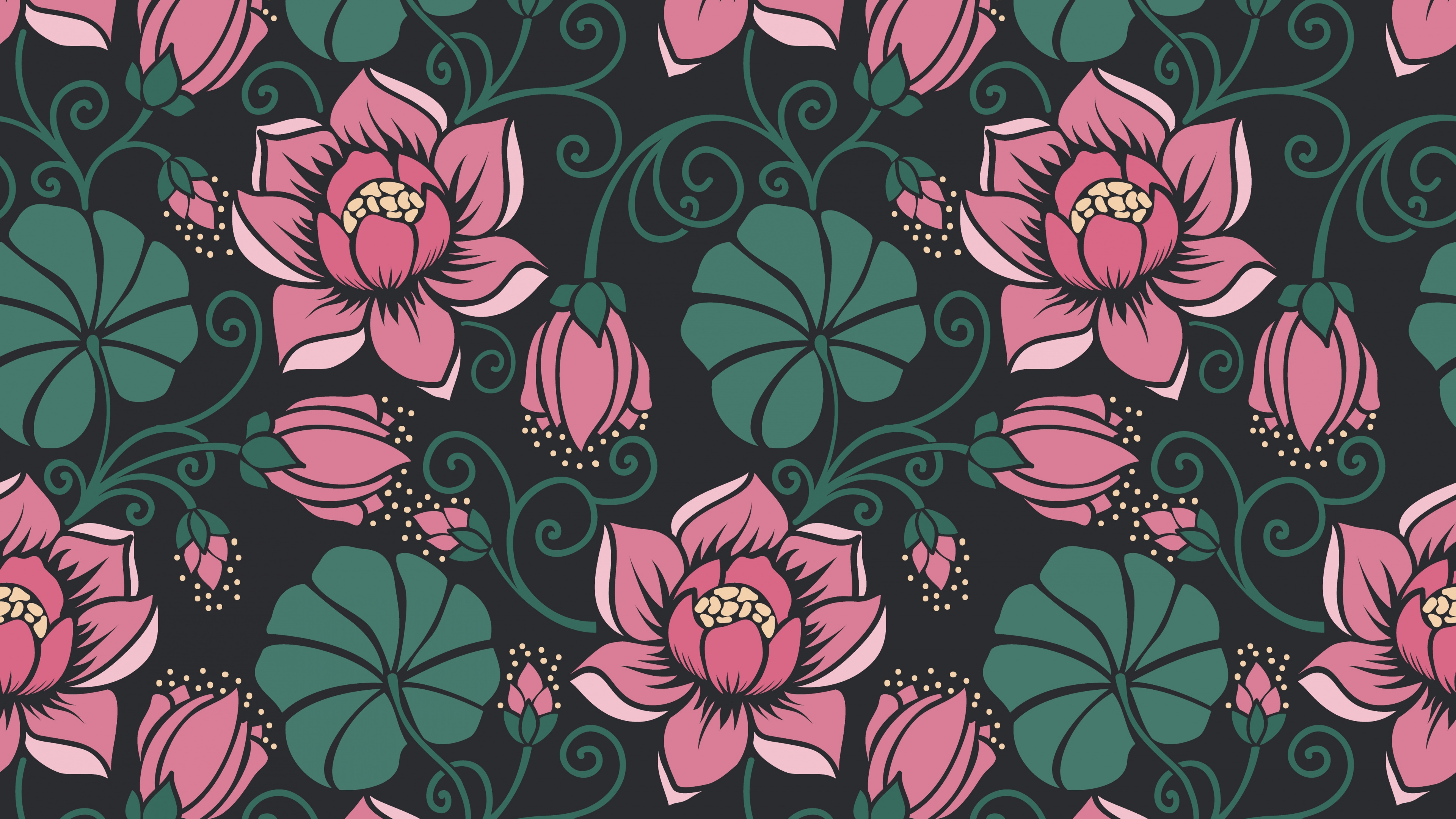 Обои узор, орнамент, цветок, цветочный дизайн, зеленый в разрешении 3840x2160