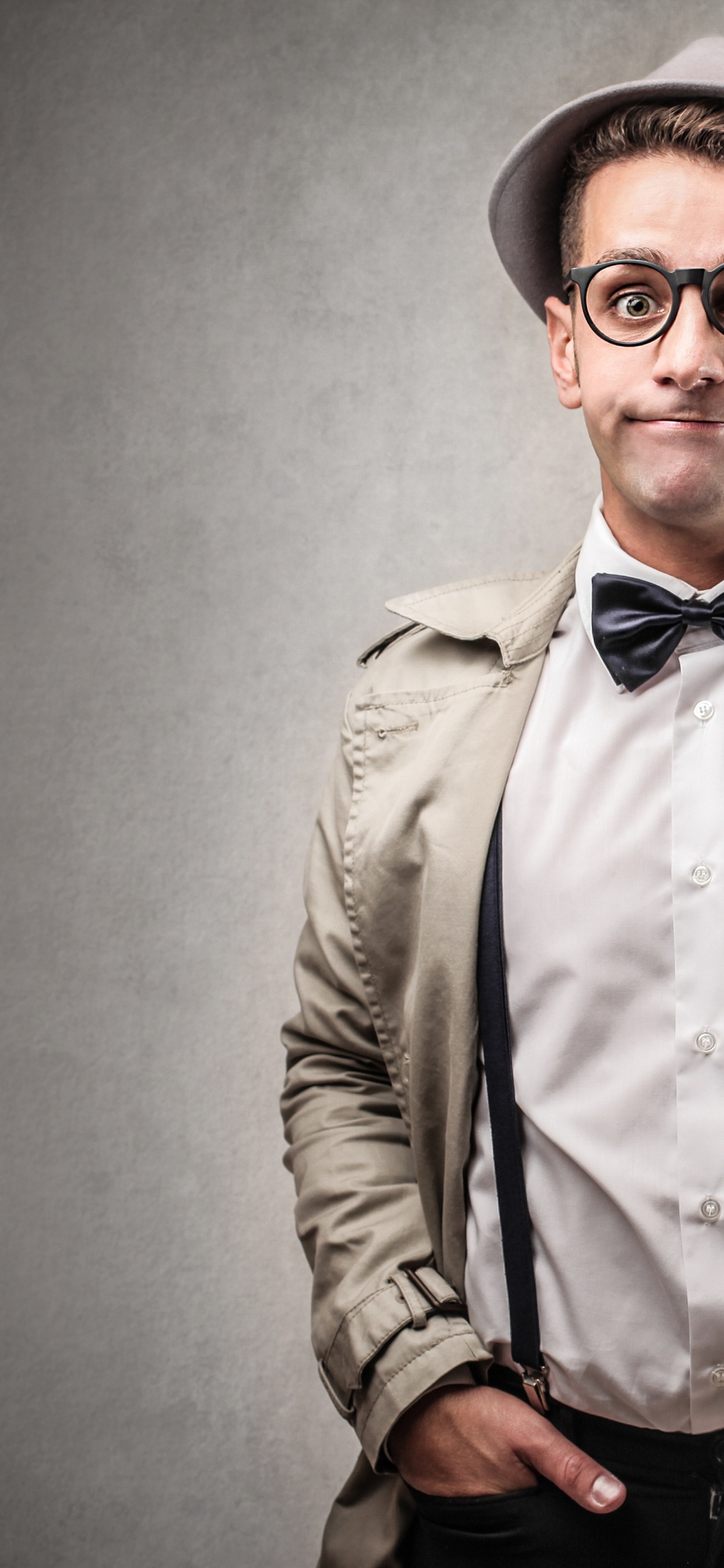 Обои шляпа, галстук, очки, фэшн, верхняя одежда в разрешении 1242x2688