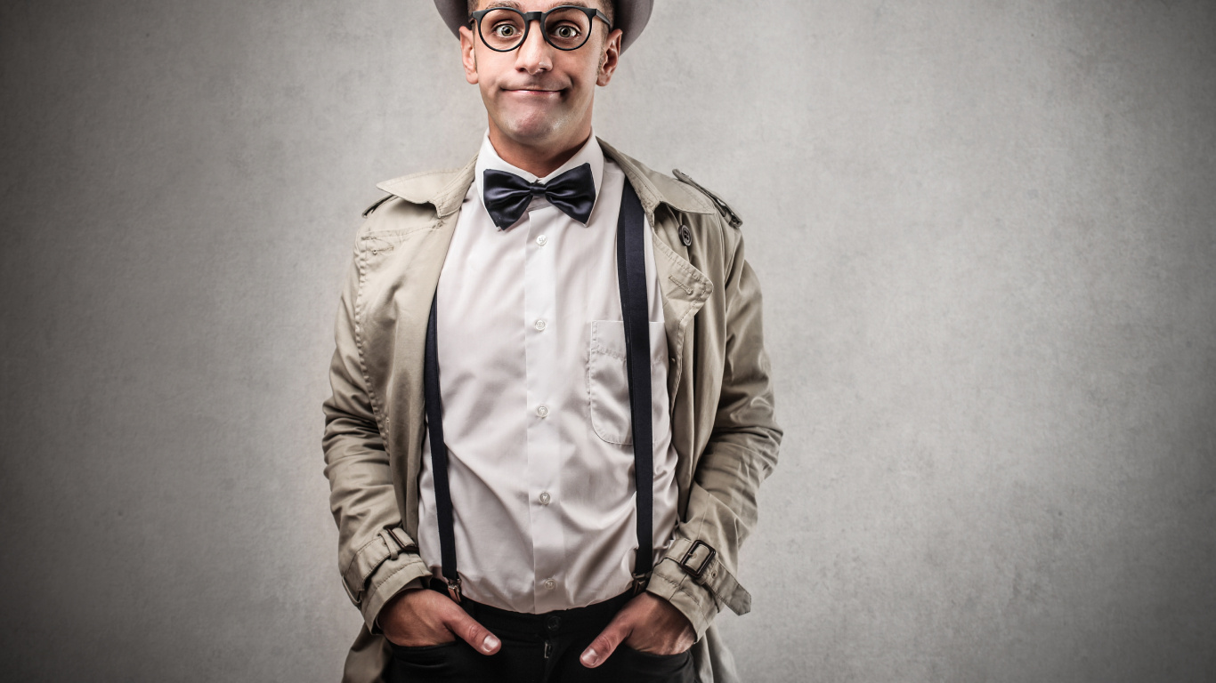 Обои шляпа, галстук, очки, фэшн, верхняя одежда в разрешении 1366x768