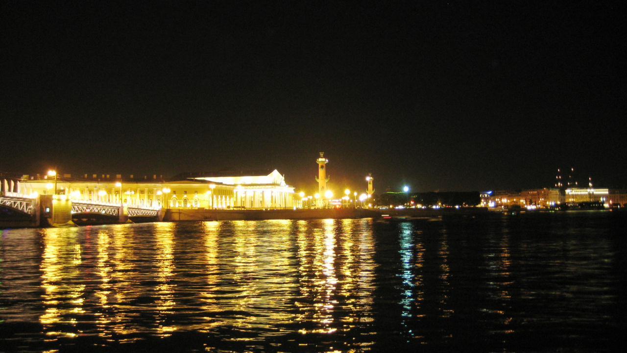 Обои ночь, отражение, вода, водный путь, город в разрешении 1280x720