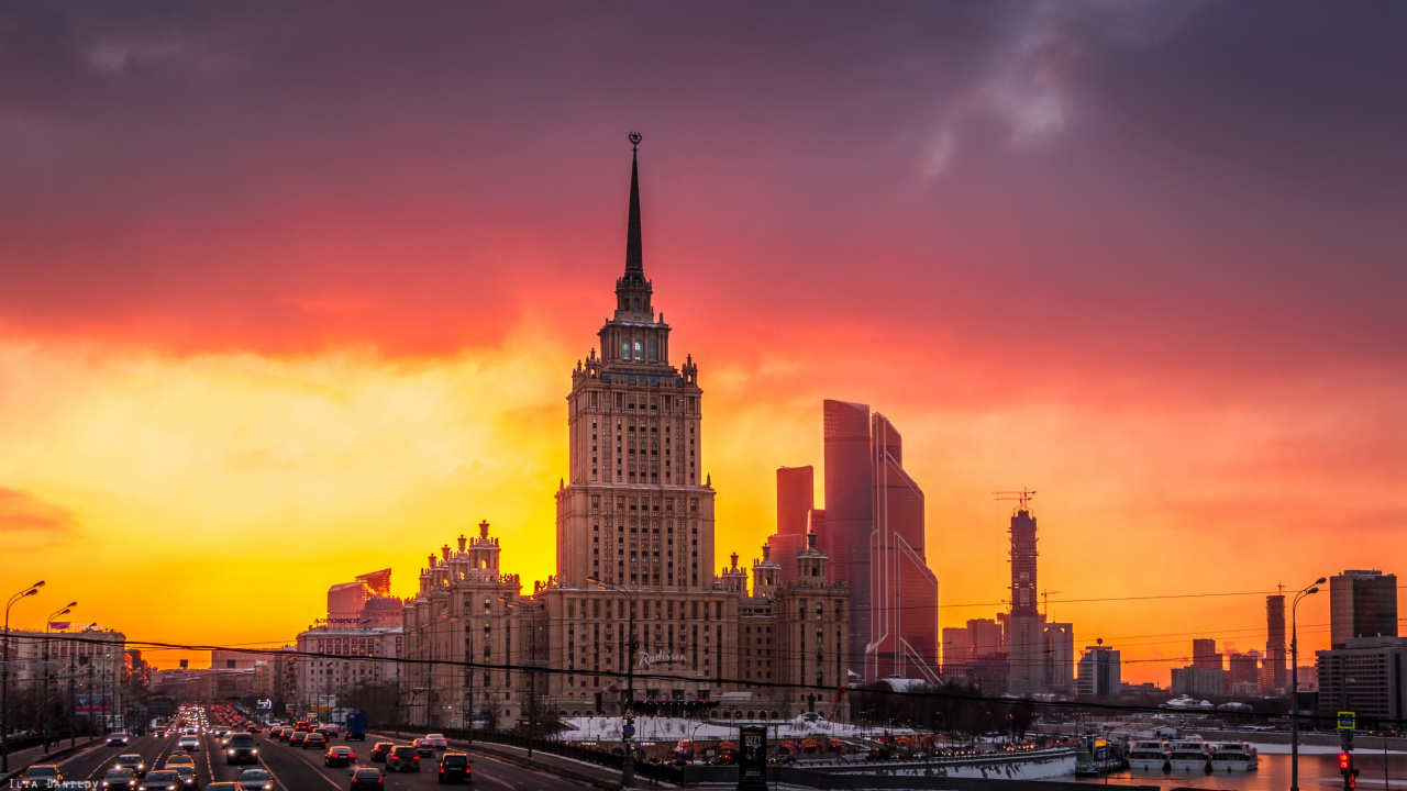 Обои Московский государственный университет, закат, город, городской пейзаж, ориентир в разрешении 1280x720