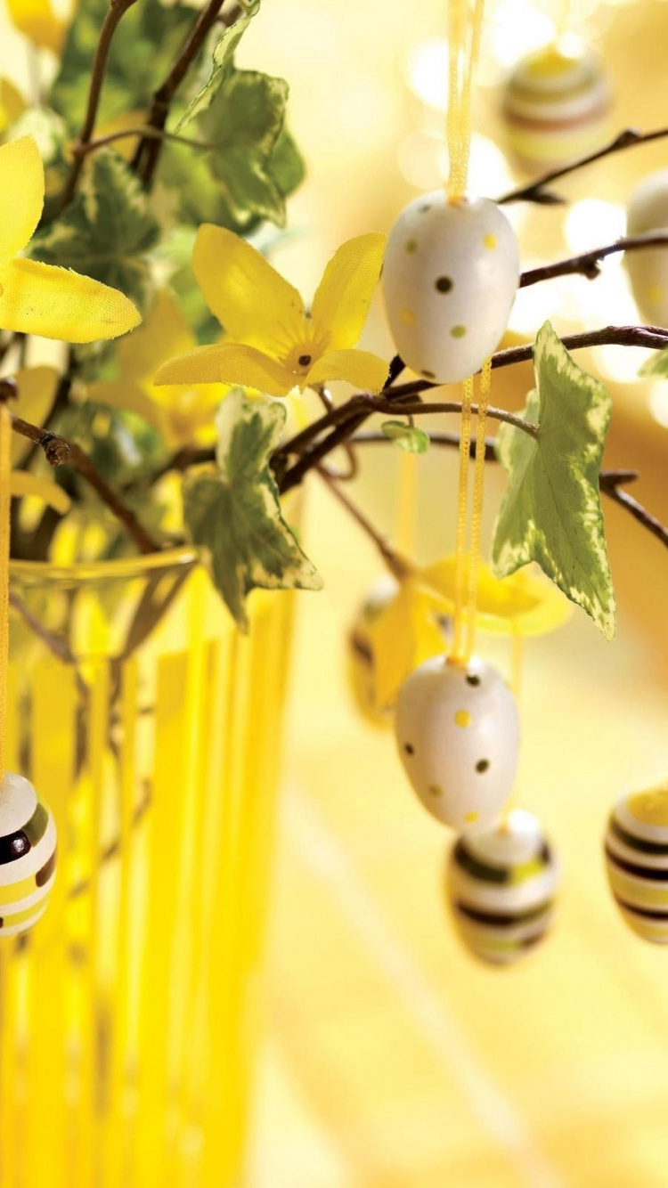 Обои пасхальное дерево, пасхальный кролик, пасхальное яйцо, праздник, желтый в разрешении 750x1334