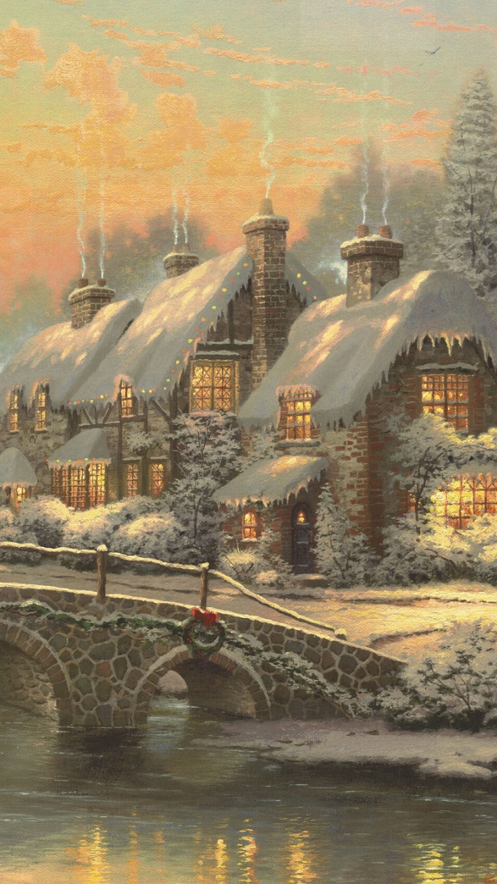 Обои живопись, Банк, водный путь, пейзаж, акварельные краски в разрешении 720x1280