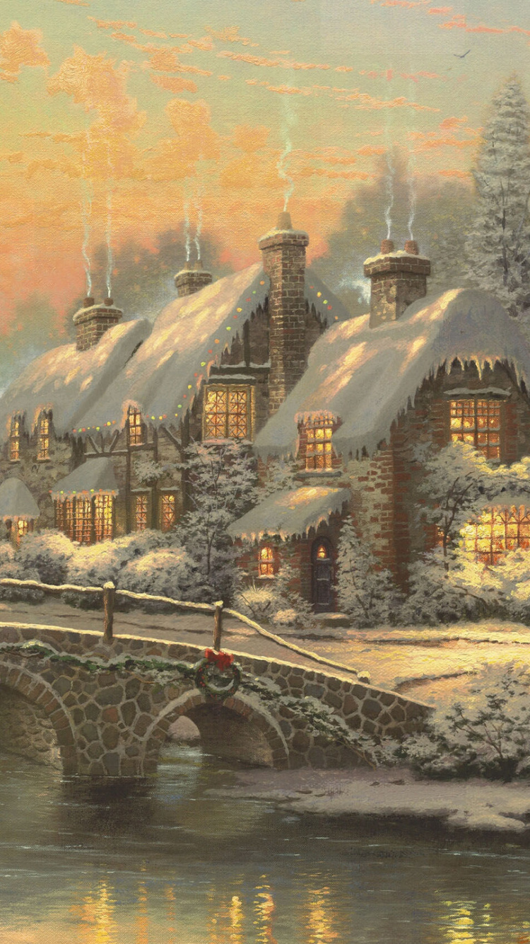 Обои живопись, Банк, водный путь, пейзаж, акварельные краски в разрешении 750x1334