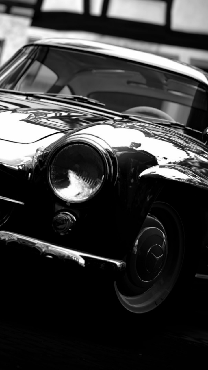 Обои Mercedes-Benz W186, спорткар, авто, классический автомобиль, черный и белый в разрешении 720x1280