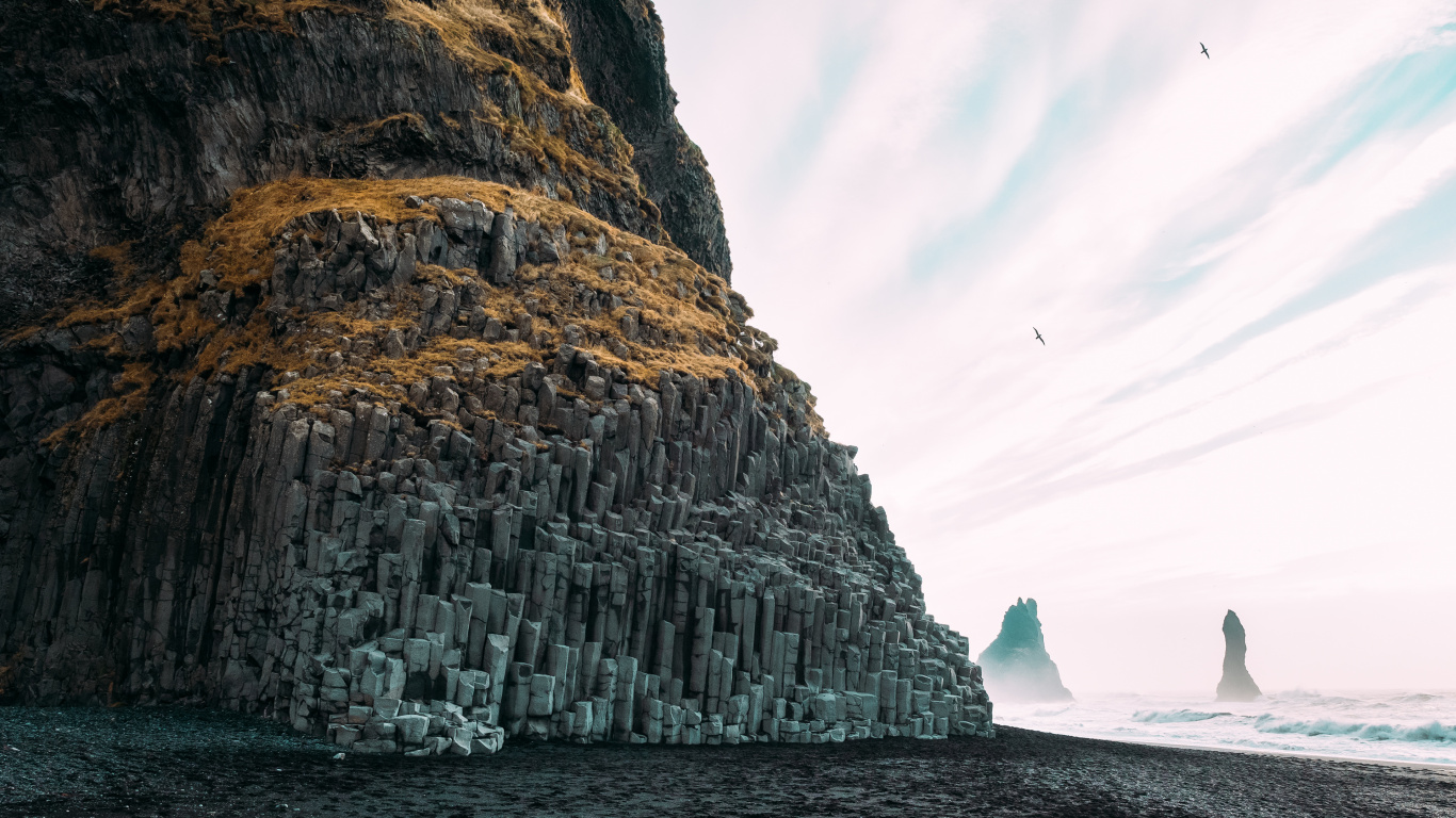 Обои пляж с черным песком вик, Пляж Рейнисфьяра с черным песком, возраст, Даймонд-Бич, пляж в разрешении 1366x768