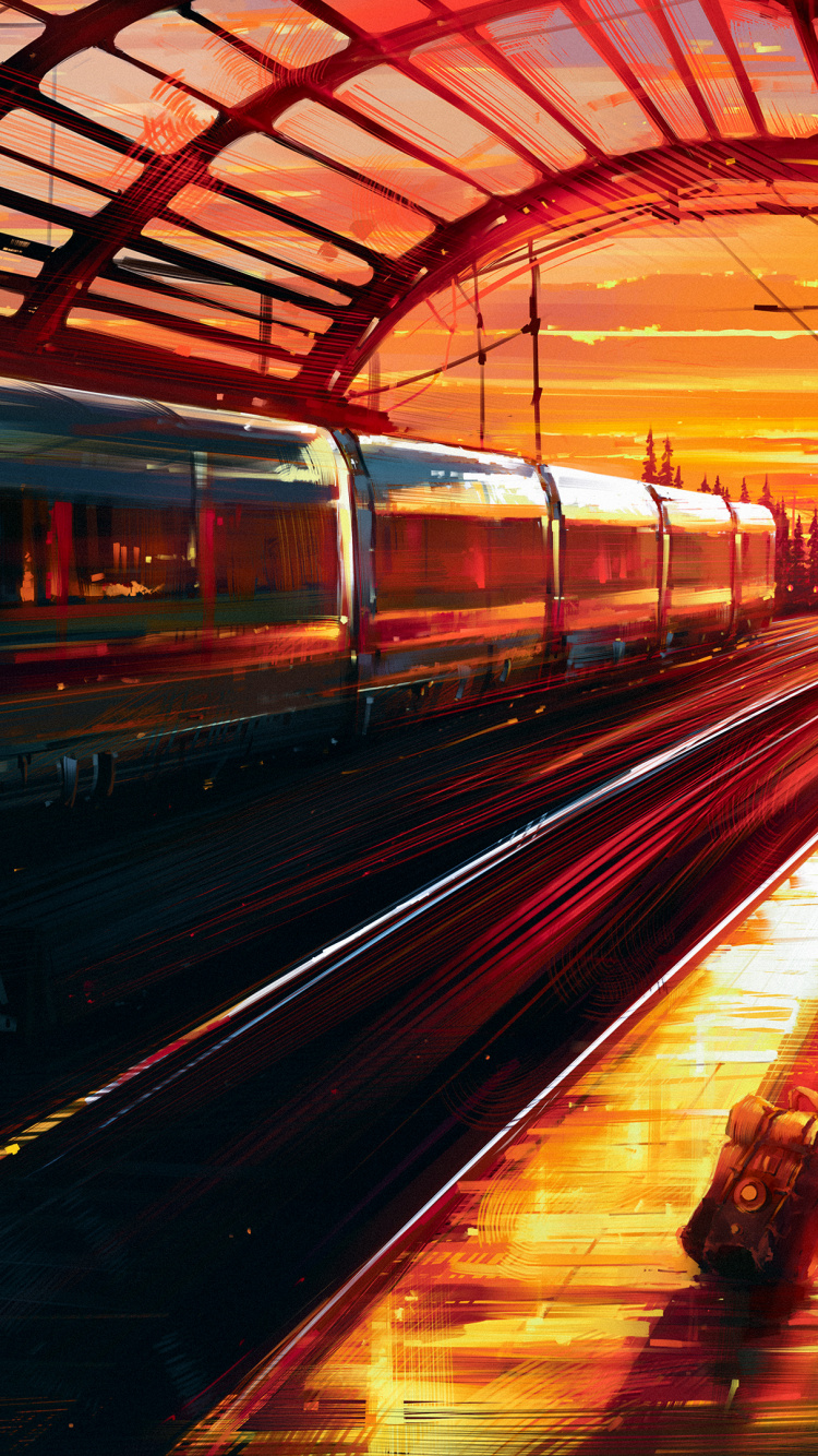 Обои живопись, иллюстрация, транспорт, ночь, общественный транспорт в разрешении 750x1334