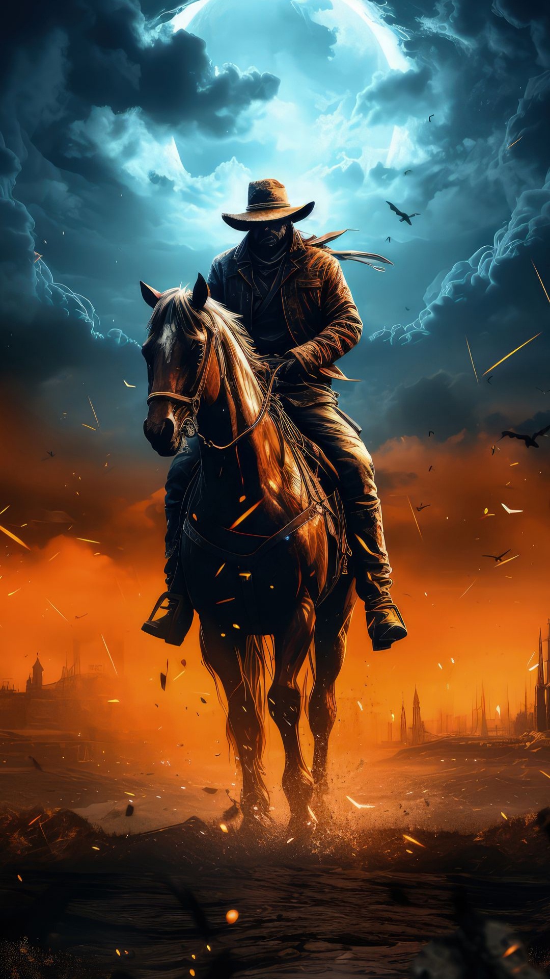 Обои ковбой, живопись, Мустанг, иллюстрация, арт в разрешении 1080x1920