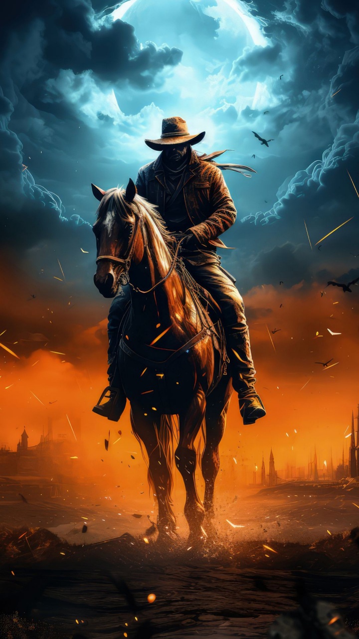 Обои ковбой, живопись, Мустанг, иллюстрация, арт в разрешении 720x1280