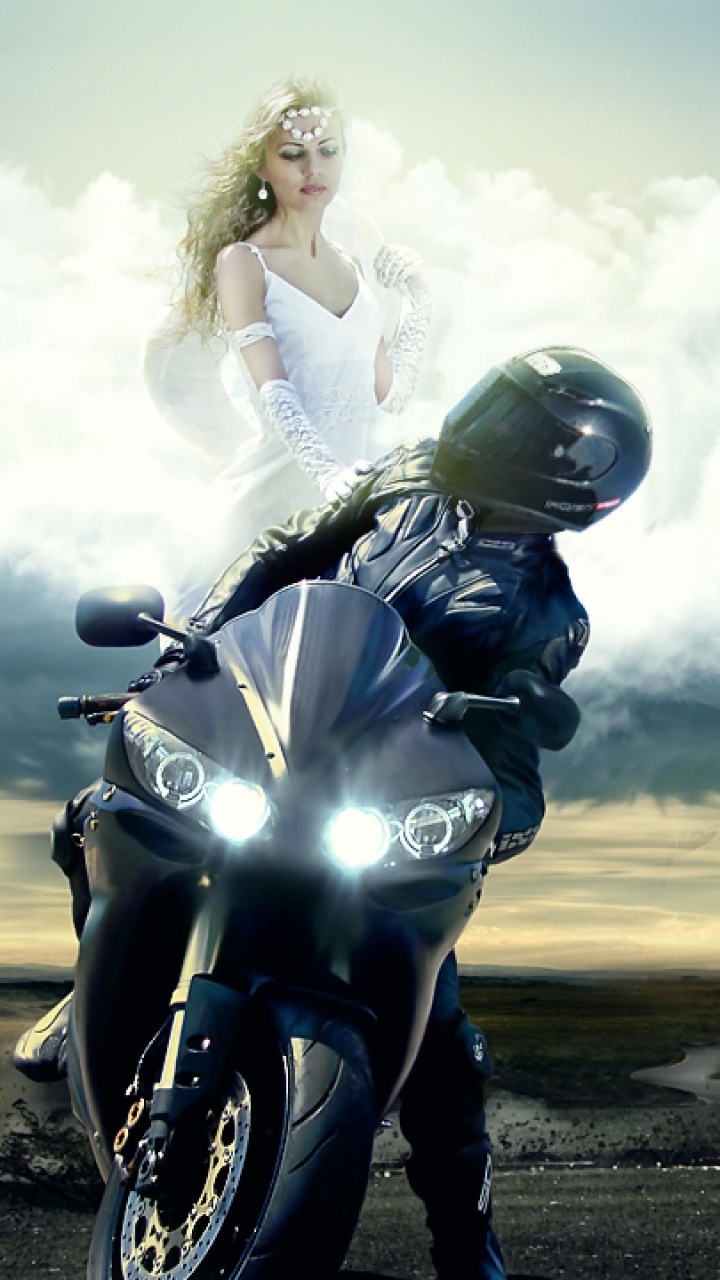 Обои мотоцикл, мотоспорт, каскадер, Ангел Хранитель, дерево в разрешении 720x1280