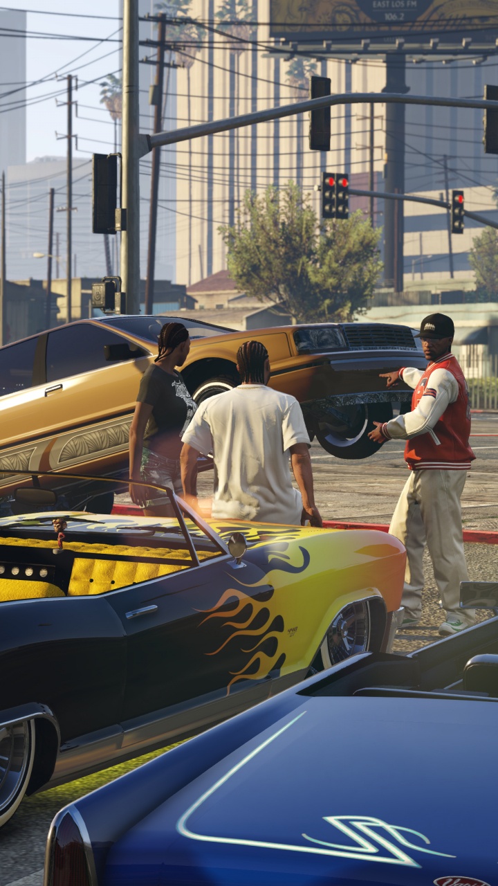 Обои grand theft auto v, grand theft auto online, Рокстар игры, лоурайдер, playstation 4 в разрешении 720x1280