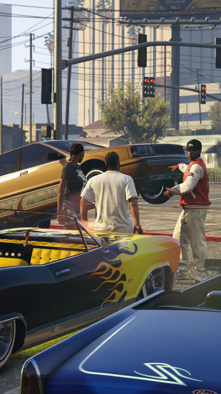 Обои grand theft auto v, grand theft auto online, Рокстар игры, лоурайдер, playstation 4 в разрешении 750x1334