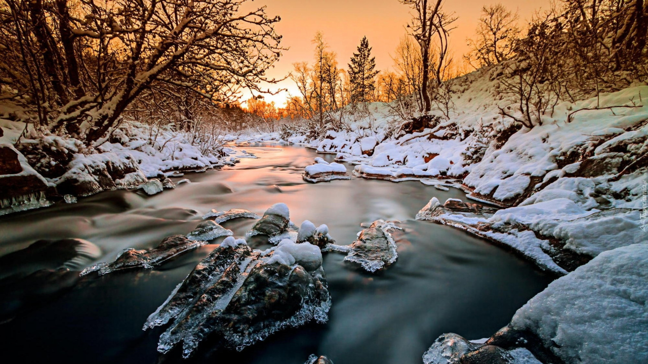 Обои зима, закат, снег, Норвегия, реки в разрешении 1280x720