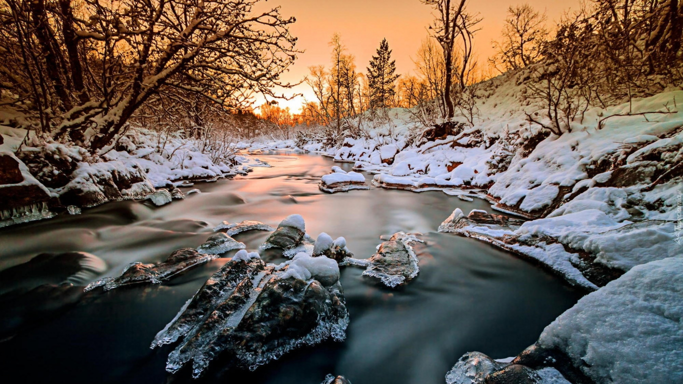Обои зима, закат, снег, Норвегия, реки в разрешении 1366x768