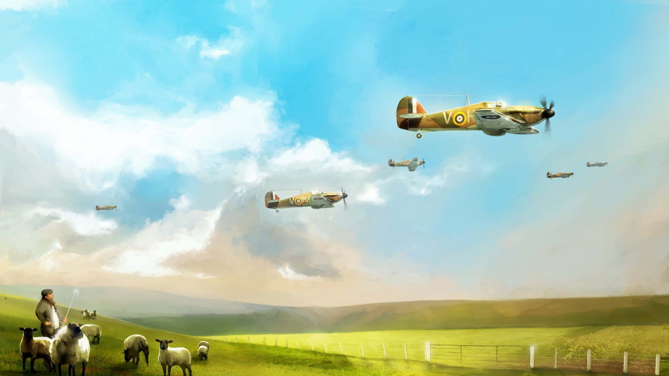 Обои арт, сенокосное угодье, экорегион, степ, самолеты в разрешении 1366x768