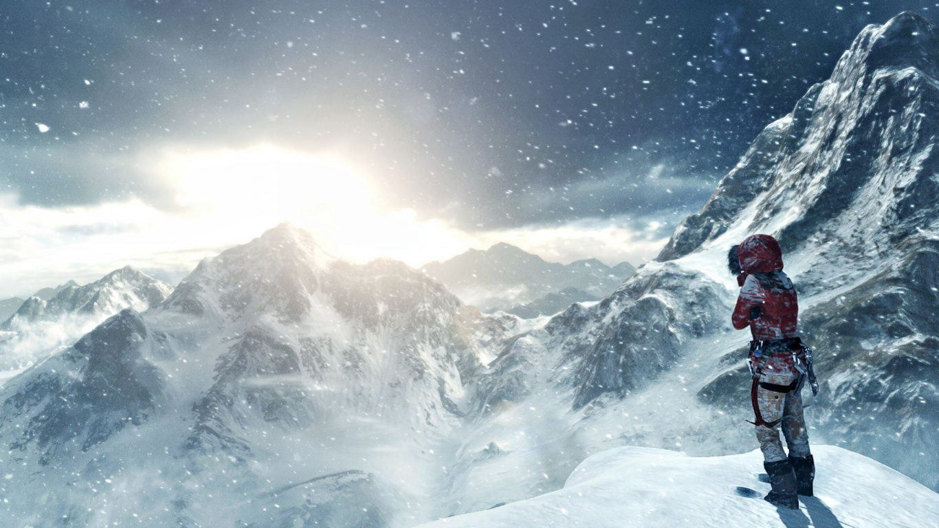 Обои рейдовик, лары крофт, crystal dynamics, xbox one, горный рельеф в разрешении 1366x768