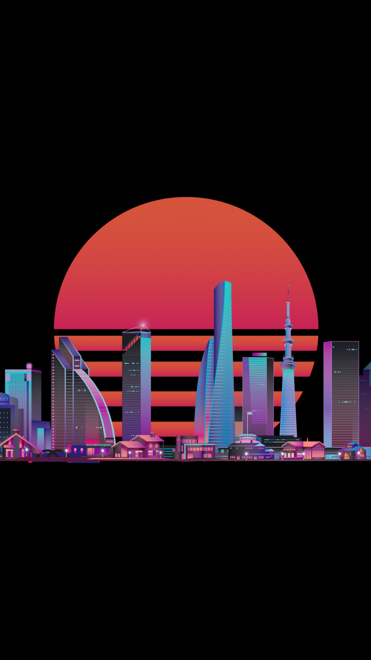 Обои город, амолед, Ретровейв, Город Synthwave, Synthwave в разрешении 750x1334