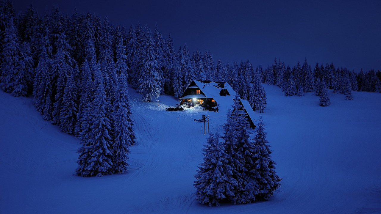 Обои зимние горы, гора, Альпы, горной хижине, горный курорт в разрешении 1280x720