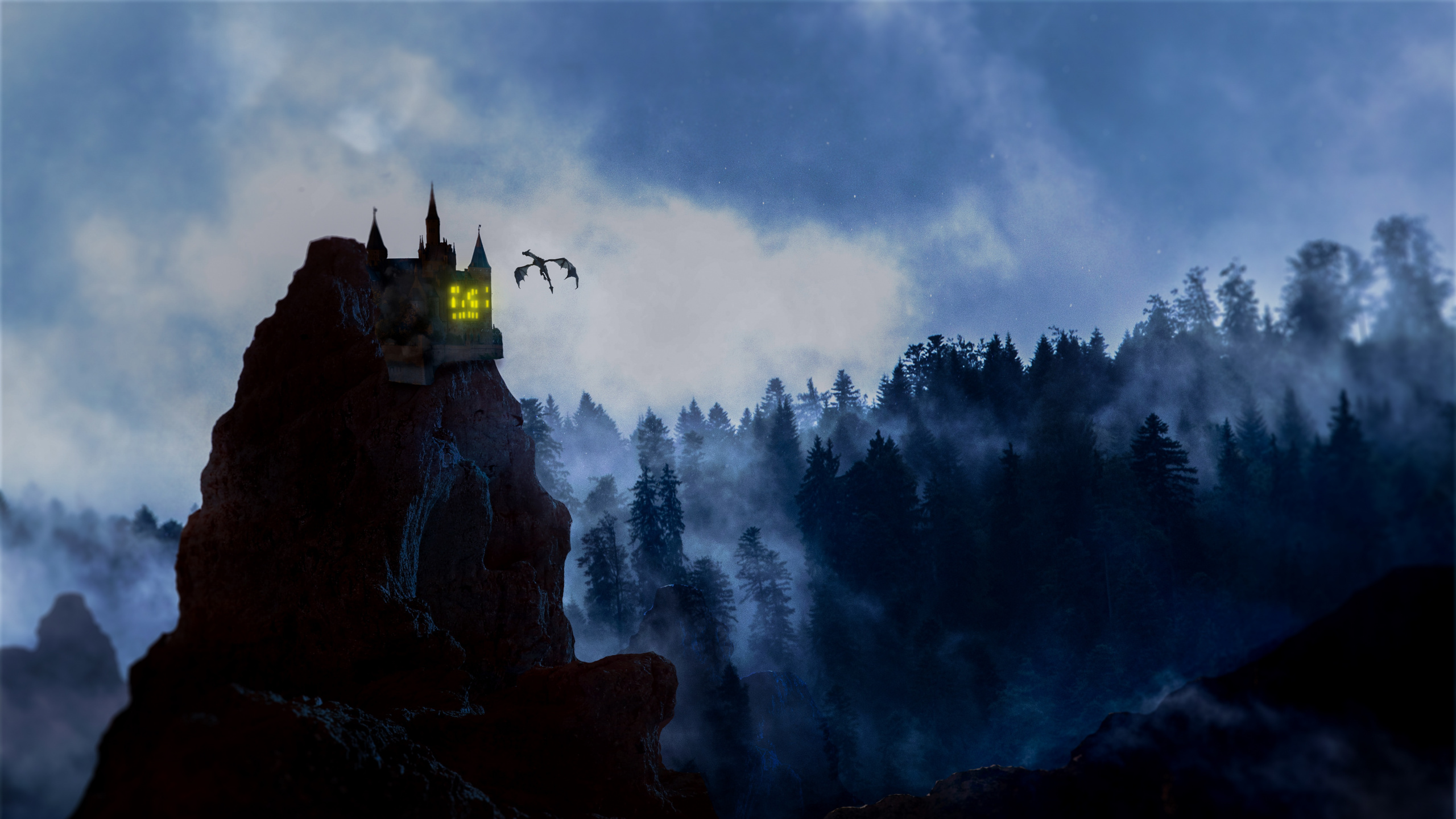 Обои природа, атмосфера, облако, гора, дерево в разрешении 2560x1440