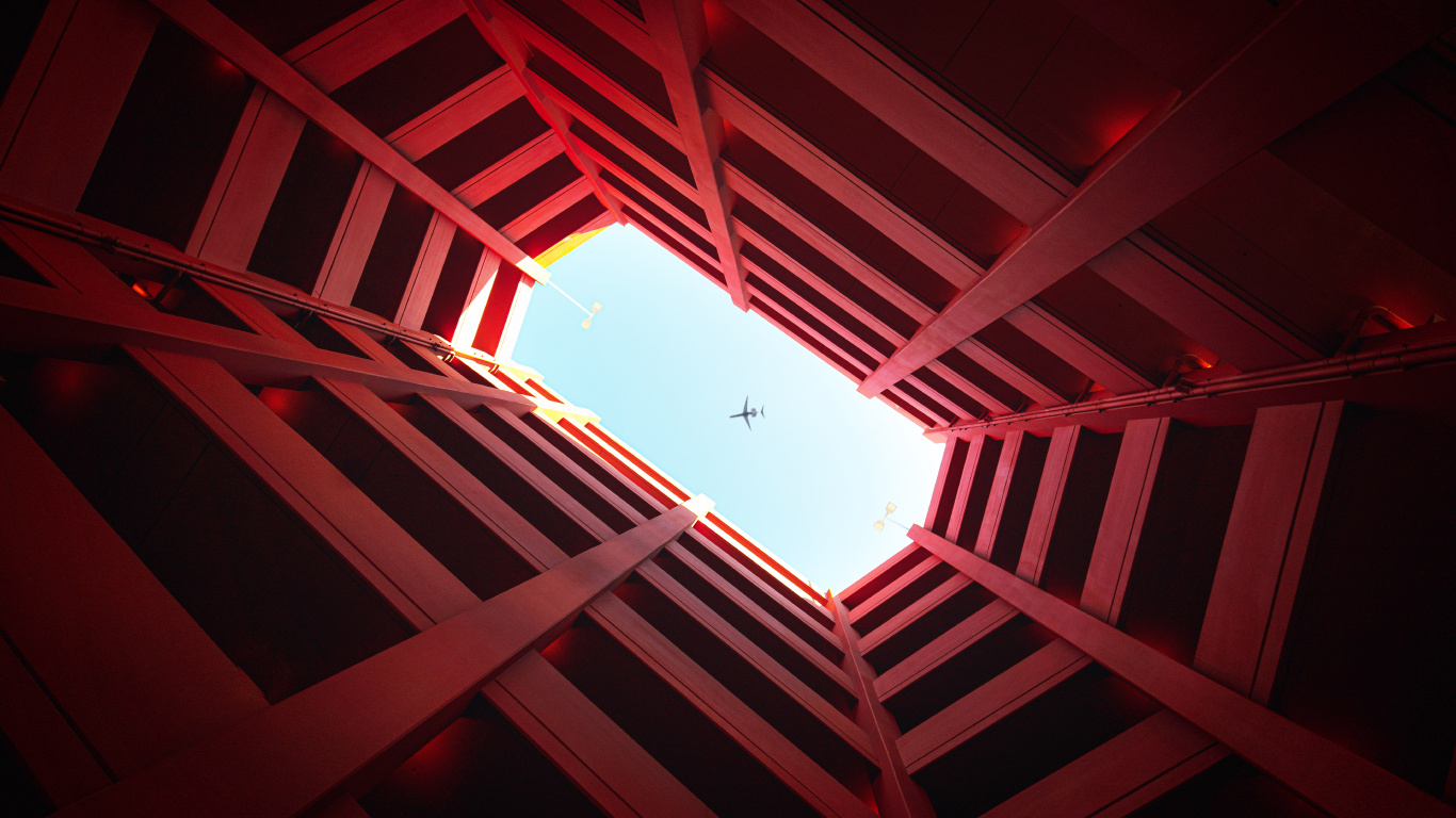 Обои красный цвет, свет, потолок, линия, освещение в разрешении 1366x768