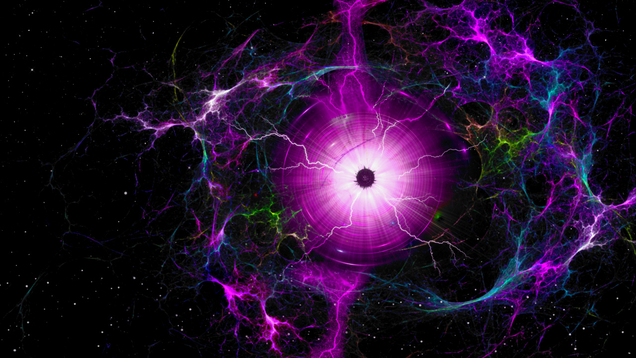 Обои фрактальная черная дыра, пурпур, фрактальное искусство, Фиолетовый, молния в разрешении 1280x720