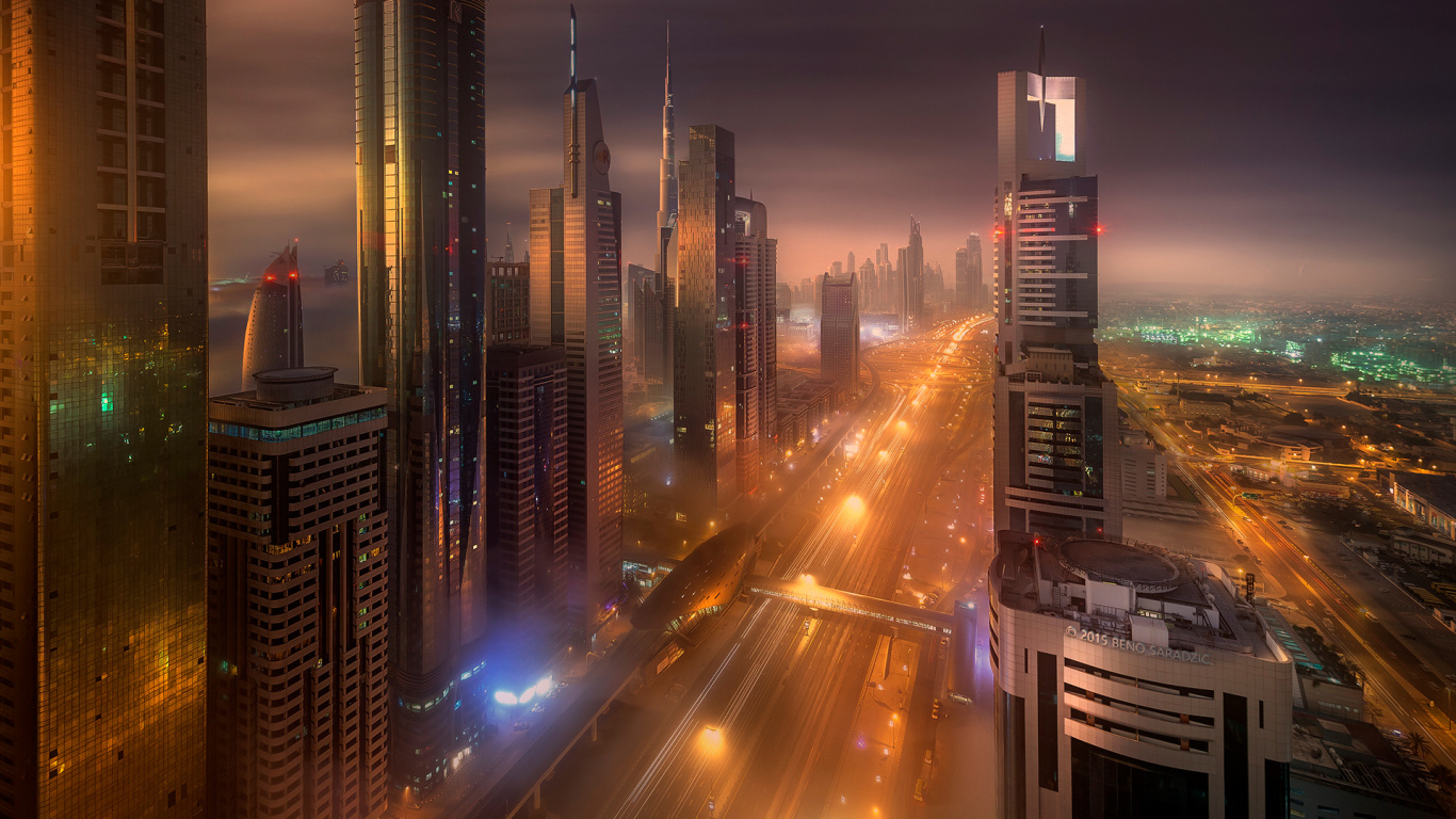 Обои Дубай, городской пейзаж, метрополия, небоскреб, город в разрешении 1366x768