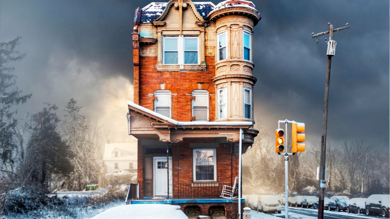 Обои облако, здание, легковые автомобили, снег, окно в разрешении 1280x720