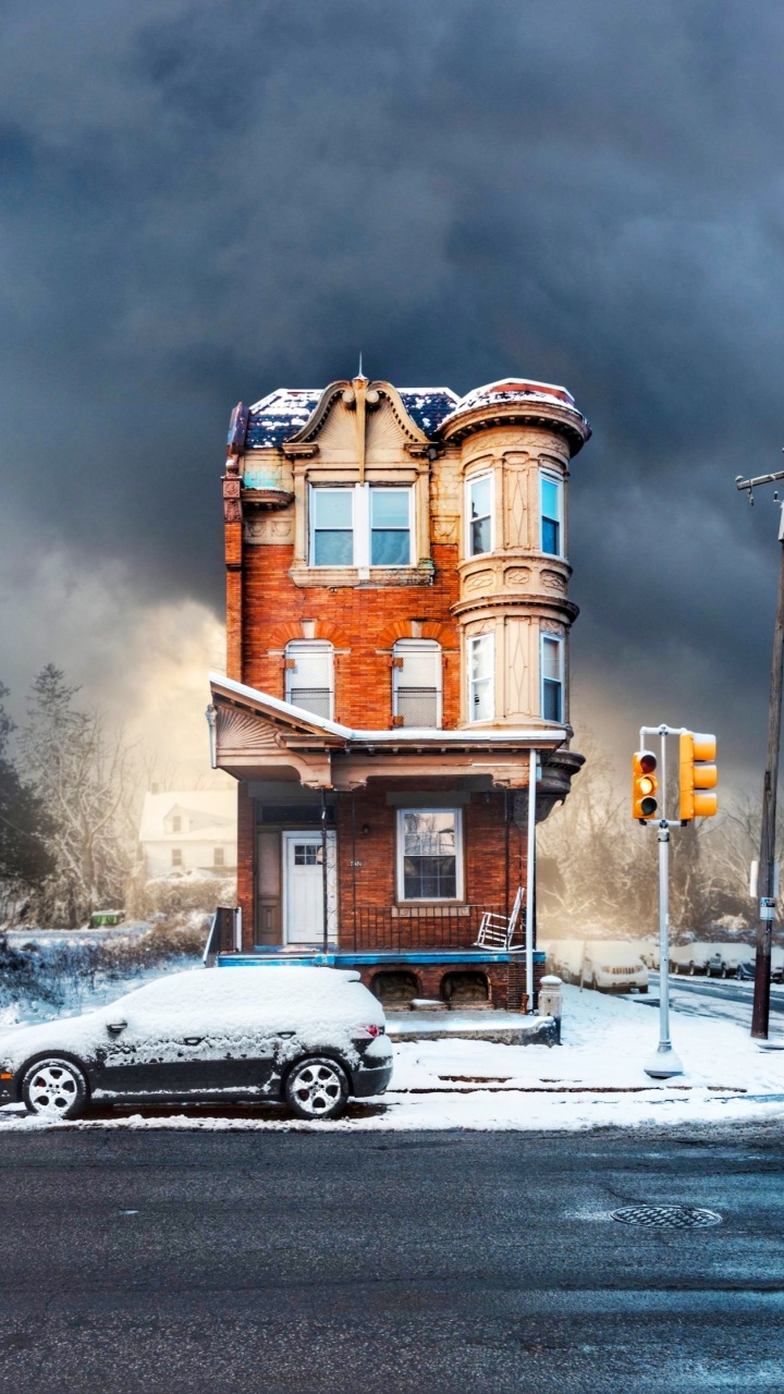 Обои облако, здание, легковые автомобили, снег, окно в разрешении 720x1280