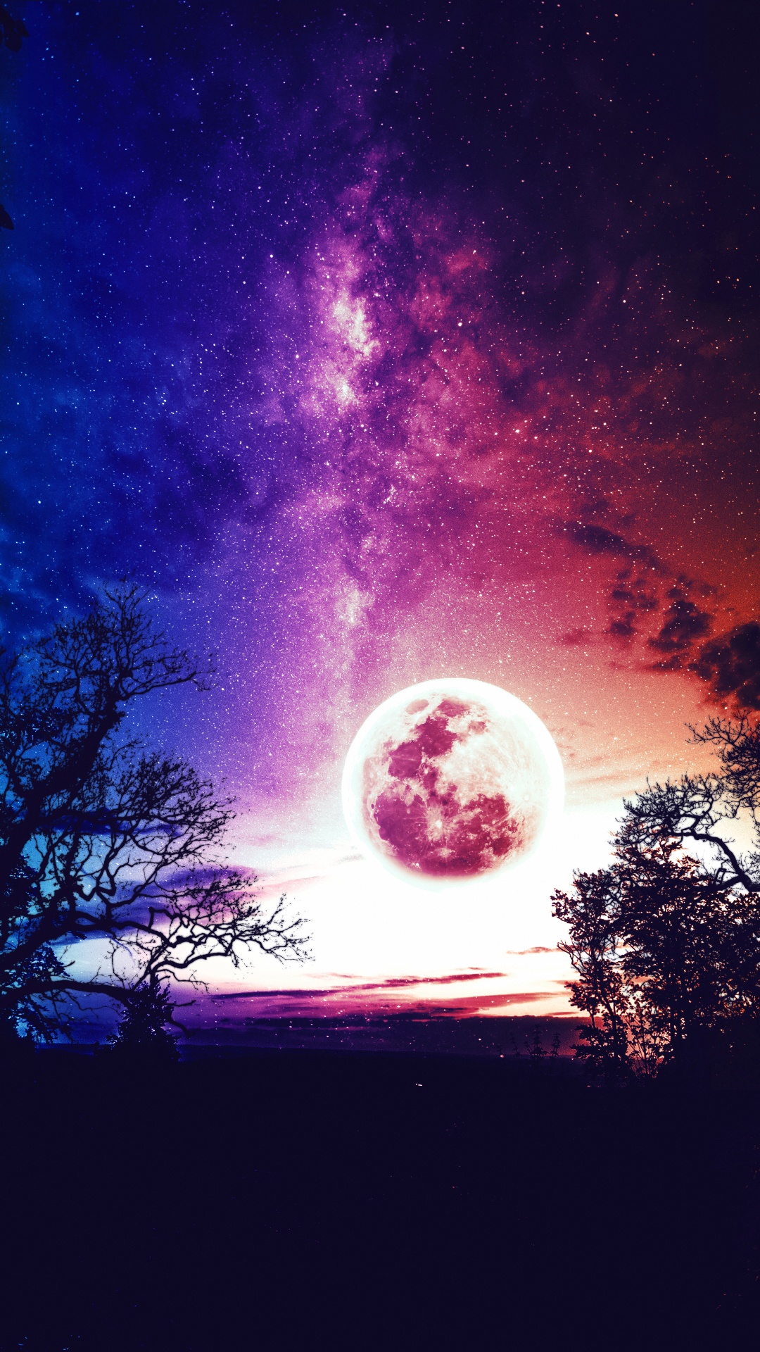 Обои луна, атмосфера, мир, пурпур, дерево в разрешении 1080x1920