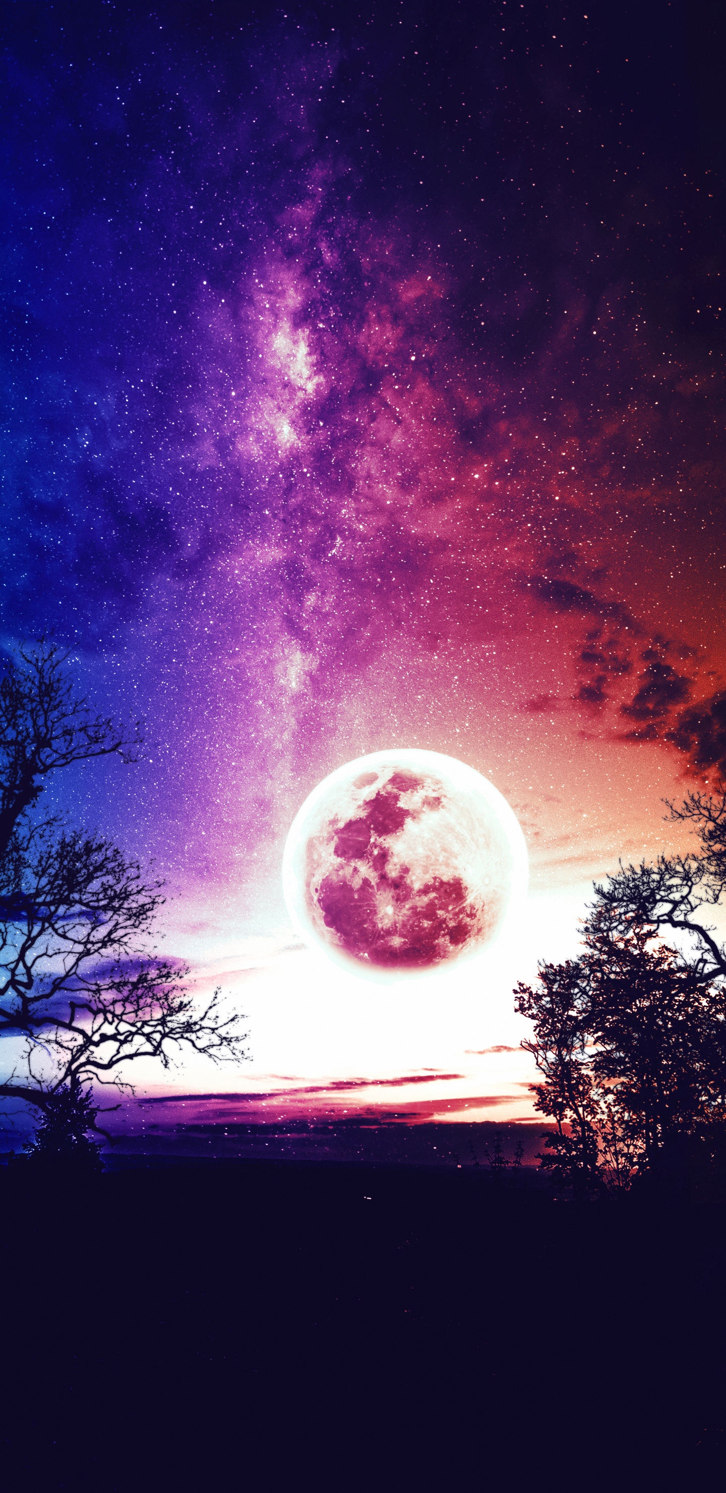 Обои луна, атмосфера, мир, пурпур, дерево в разрешении 1440x2960