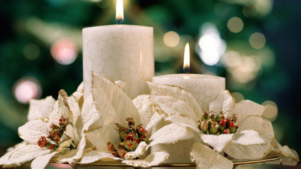 Обои Рождественский день, свеча, Рождественские украшения, пуансеттия, праздник в разрешении 1280x720
