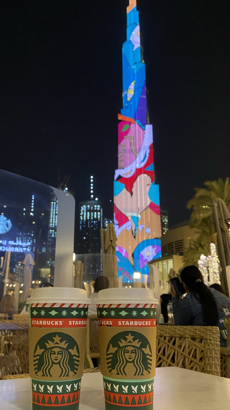 Обои Дубай, Бурдж Халифа, старбакс, логотип starbucks 2011, ночь в разрешении 750x1334