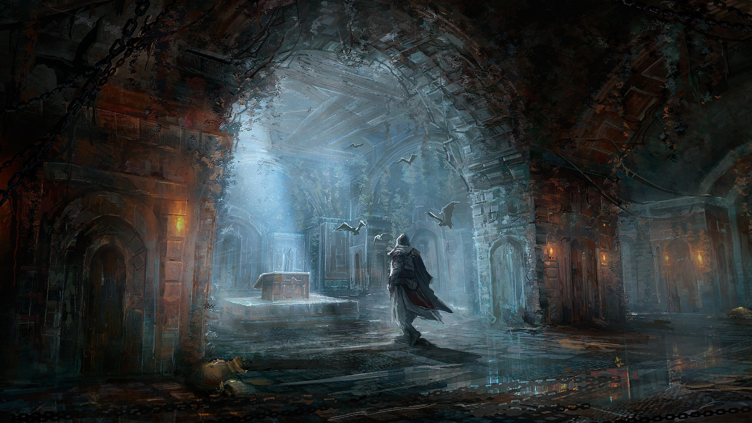 Обои ассассинс Крид братство, assassins creed revelations, темнота, вода, формирование в разрешении 2560x1440