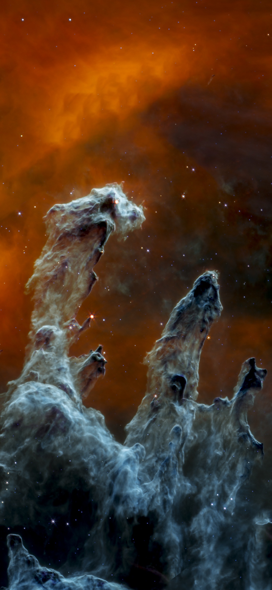 Обои Столпы творения, Космический Телескоп Джеймса Вебба, прибор среднего инфракрасного диапазона, космос, ниркам в разрешении 1125x2436