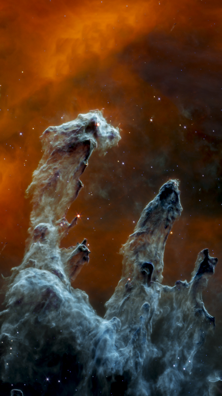 Обои Столпы творения, Космический Телескоп Джеймса Вебба, прибор среднего инфракрасного диапазона, космос, ниркам в разрешении 750x1334