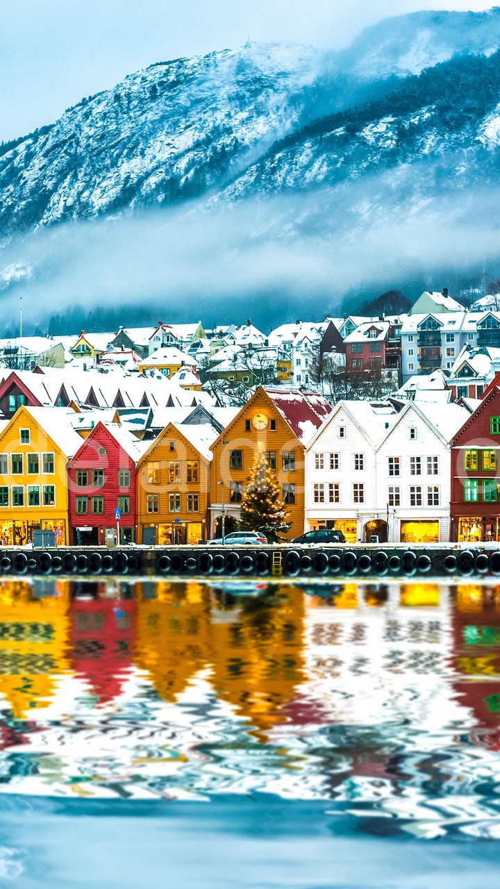 Обои ФЛМ, фьорд, зима, снег, городок в разрешении 720x1280