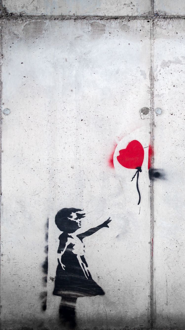 Обои белые, красный цвет, стена, искусство, Девочка На Шаре в разрешении 750x1334