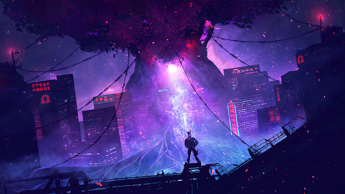 Обои этап, арт, растение, небоскреб, мир в разрешении 1366x768