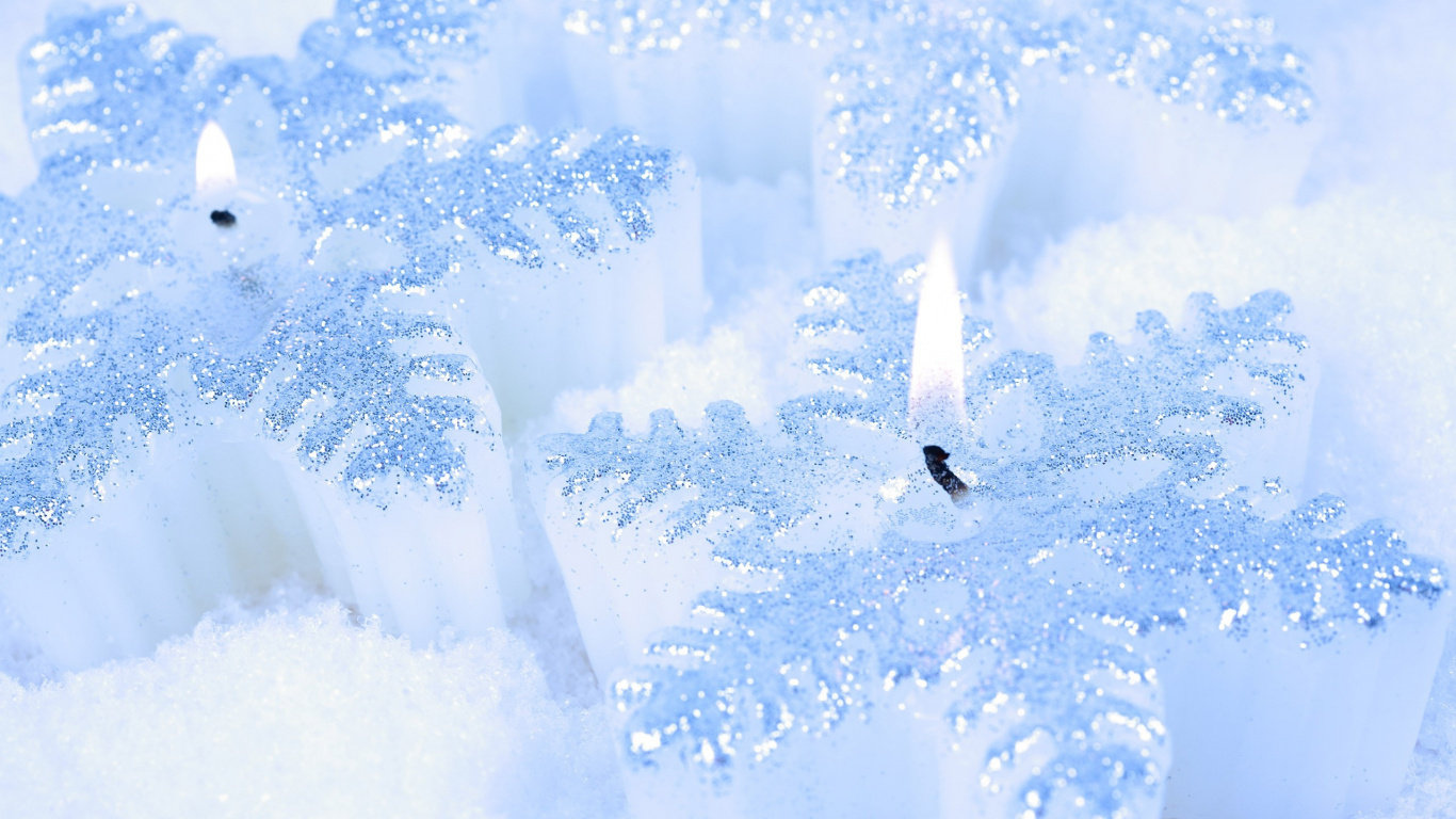 Обои Рождественский день, свеча, Снежинка, свет, снег в разрешении 1366x768