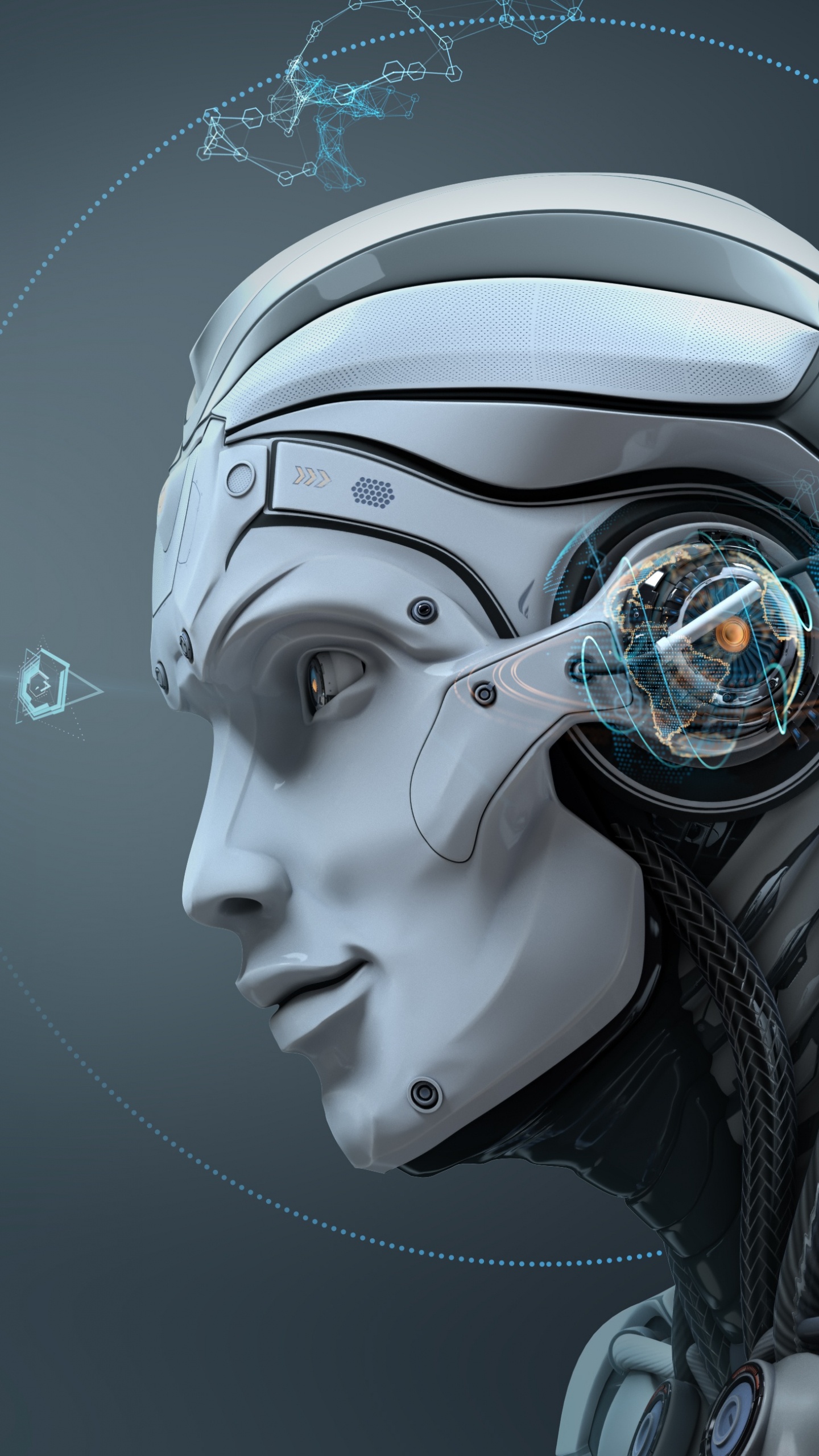 Обои робот, голова, 3d моделирование, иллюстрация, человек в разрешении 1440x2560
