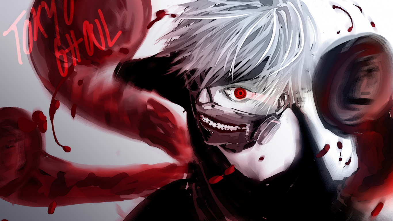 Обои Кен kaneki, аниме, зомби, вымышленный персонаж, красный цвет HD ready  бесплатно, заставка 1366x768 - скачать картинки и фото