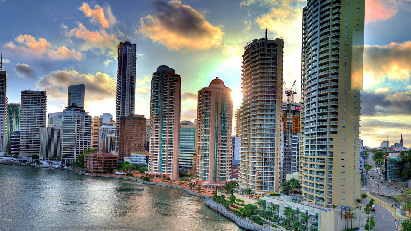 Обои Брисбен, Река Брисбен, город, городской пейзаж, небоскреб в разрешении 1366x768