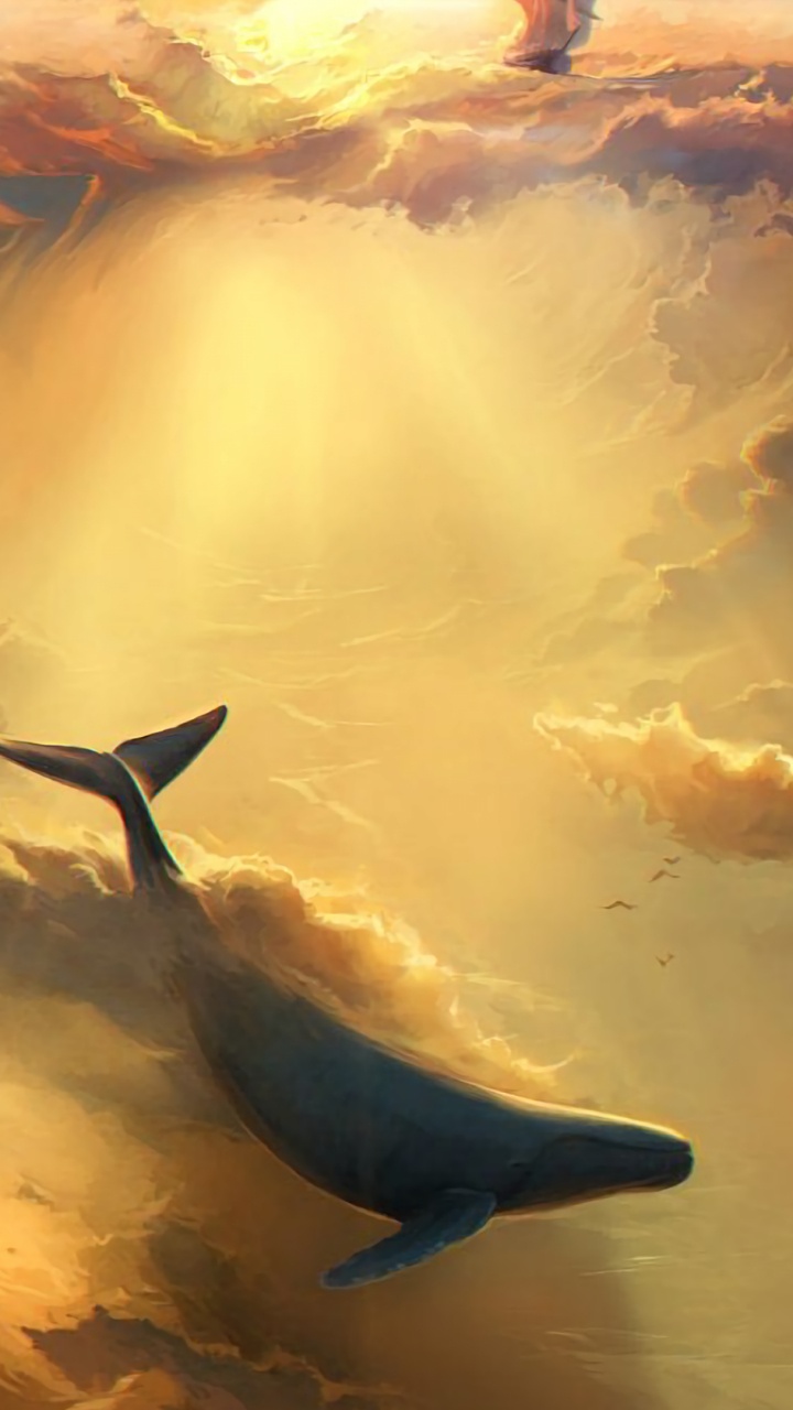 Обои летающий Кит, цифровой рисунок, живопись, арт, иллюстрация в разрешении 720x1280