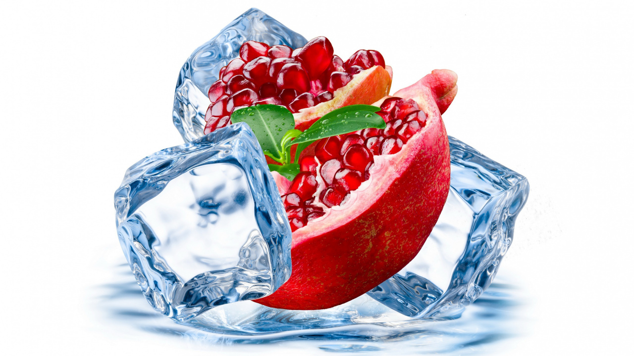 Обои ледяной гранат, мороженое, лед, кубик льда, гранат в разрешении 1280x720