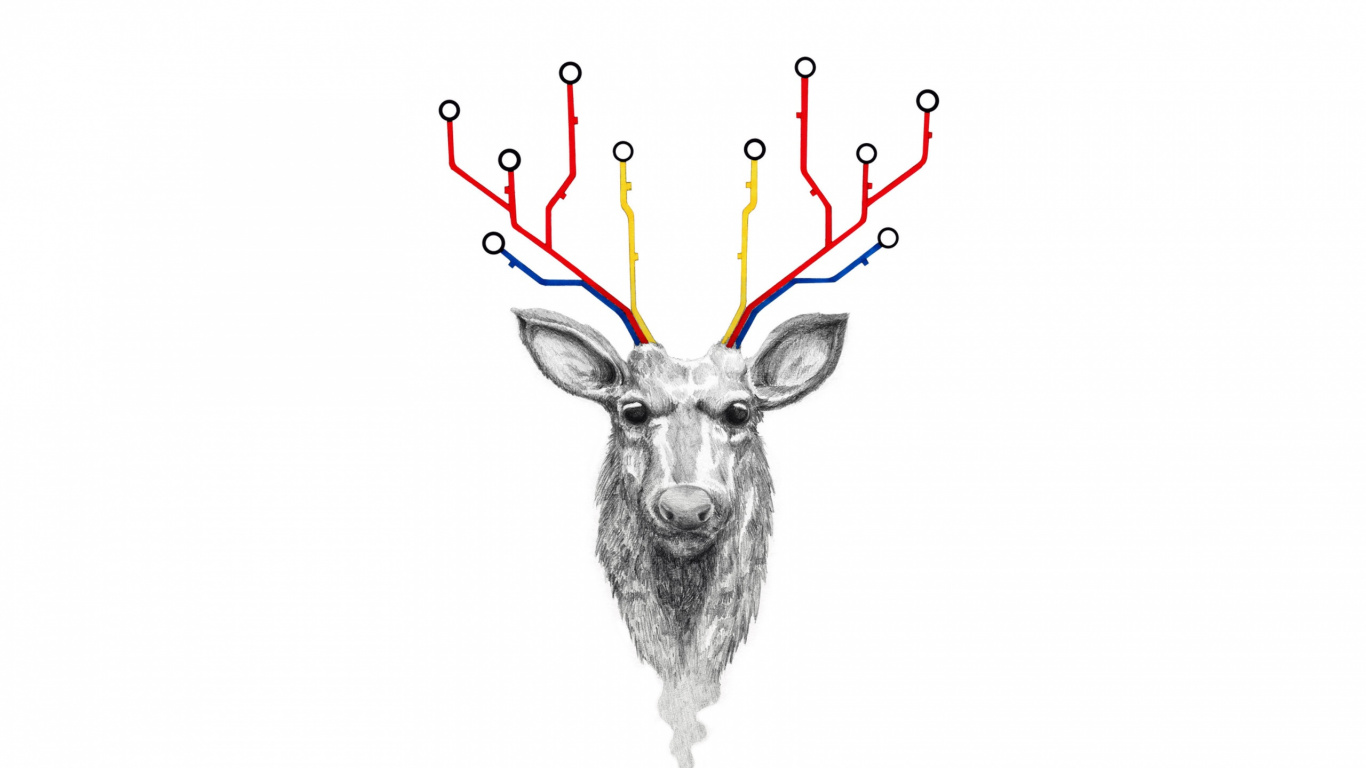 Обои постер, олень, Северный олень, иллюстрация, олений рог в разрешении 1366x768